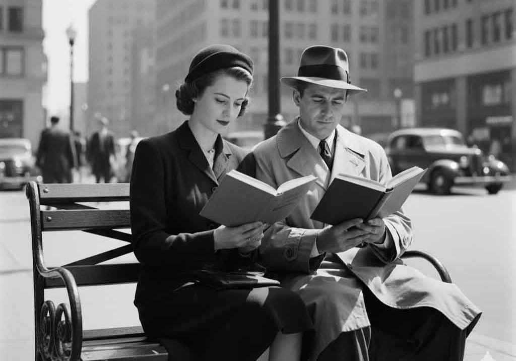 man-woman-reading-book-downtown